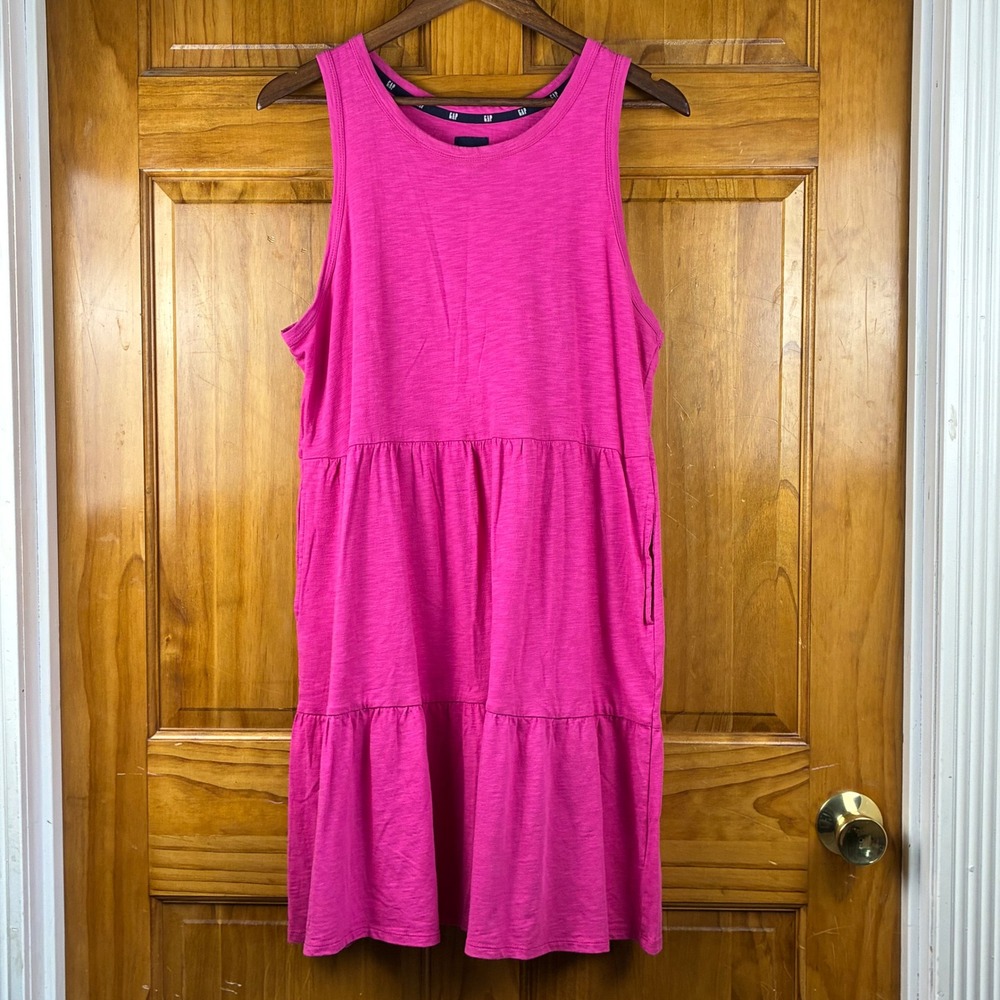 Gap Womens Tiered Sleeveless Mini Dress Pink Slub Knit Pockets Size L Barbiecore